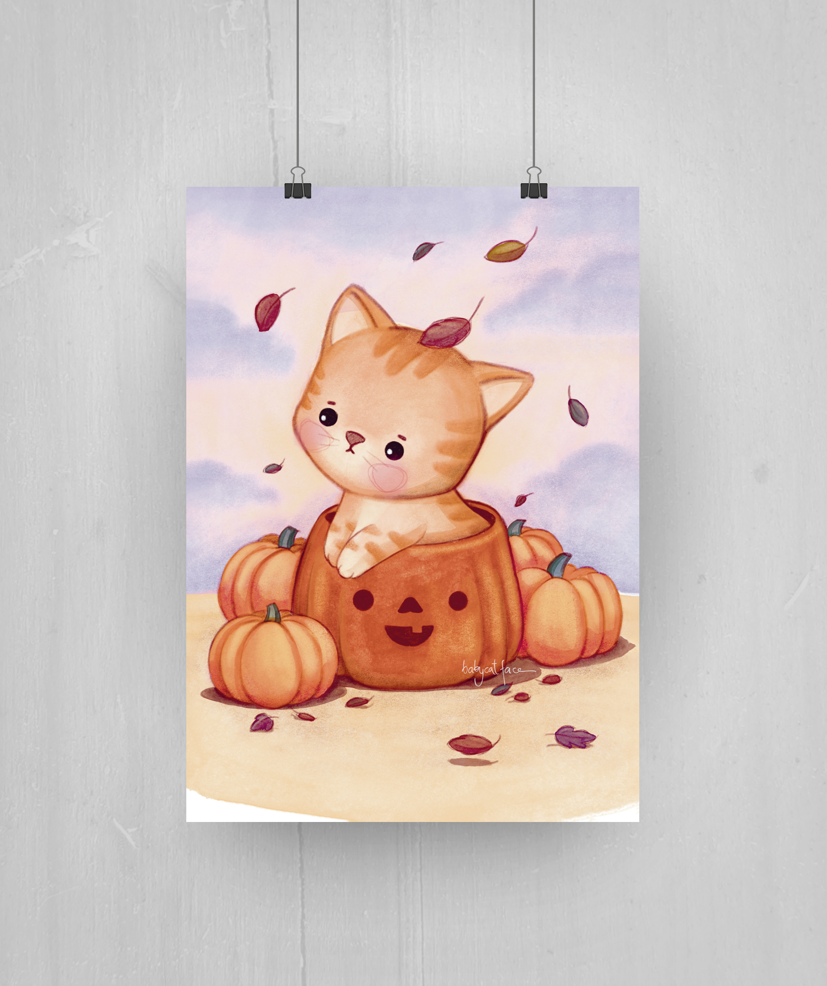 Lámina/ art print Gatito entre calabazas